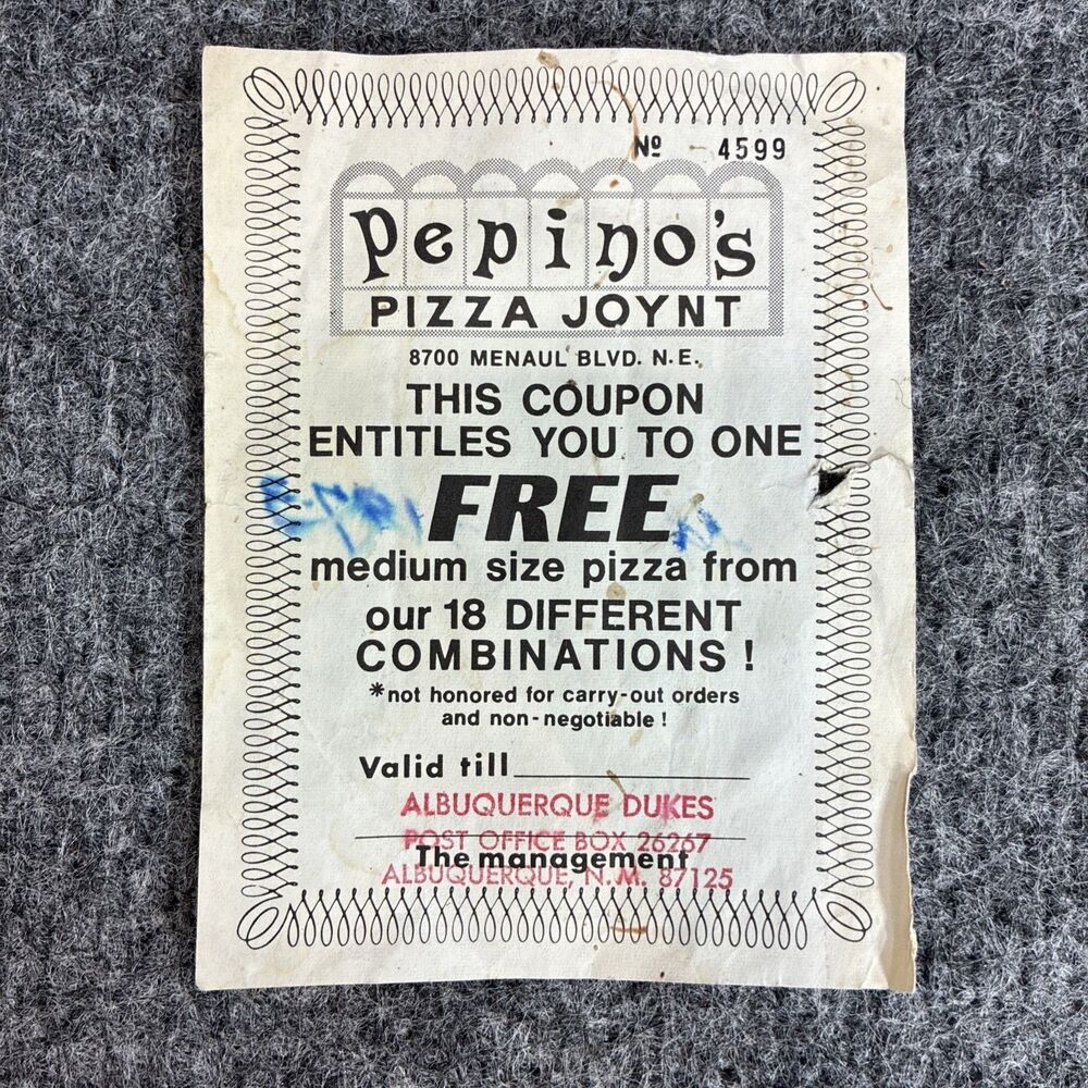 1973 Pepinos Pizza Joynt Albuquerque Dukes Free Pizza Coupon Ephemera